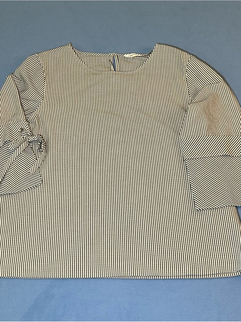 Calvin Klein Black and White Pinstripe Tie-Sleeve Blouse